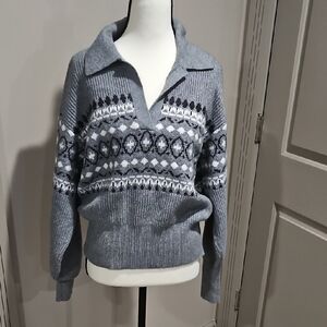 LOFT Blue Patterned V-Neck Sweater